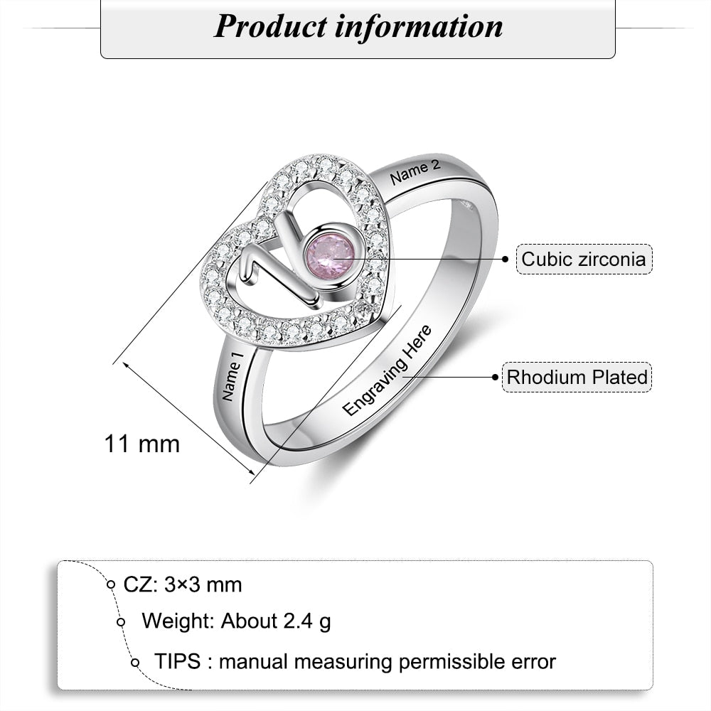 Personalized 2 Engraved Name Ring with Zirconia Birthstone Heart Ring-Personalized Jewels