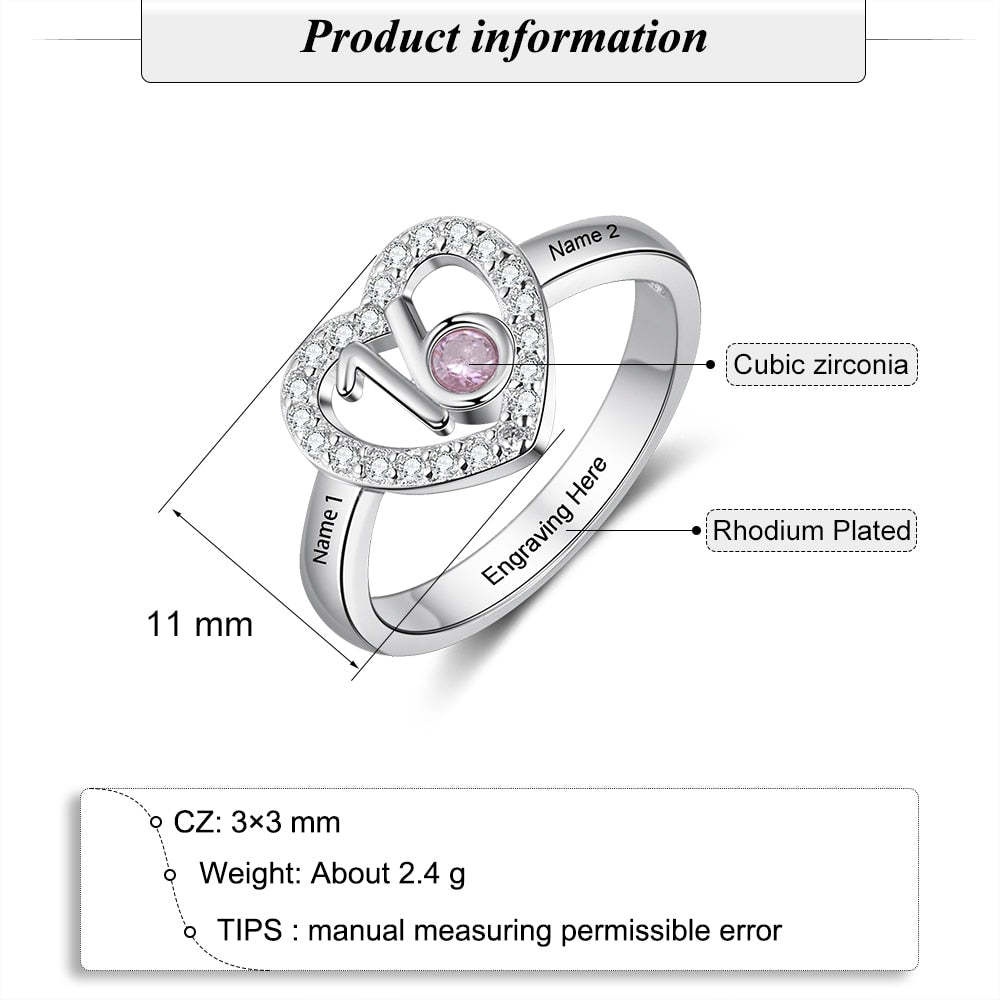 Personalized 2 Engraved Name Ring with Zirconia Birthstone Heart Ring-Personalized Jewels