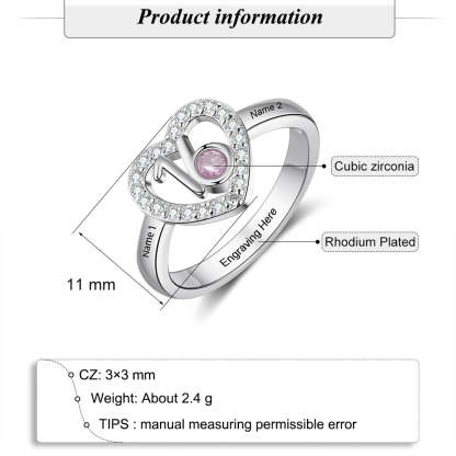 Personalized 2 Engraved Name Ring with Zirconia Birthstone Heart Ring-Personalized Jewels