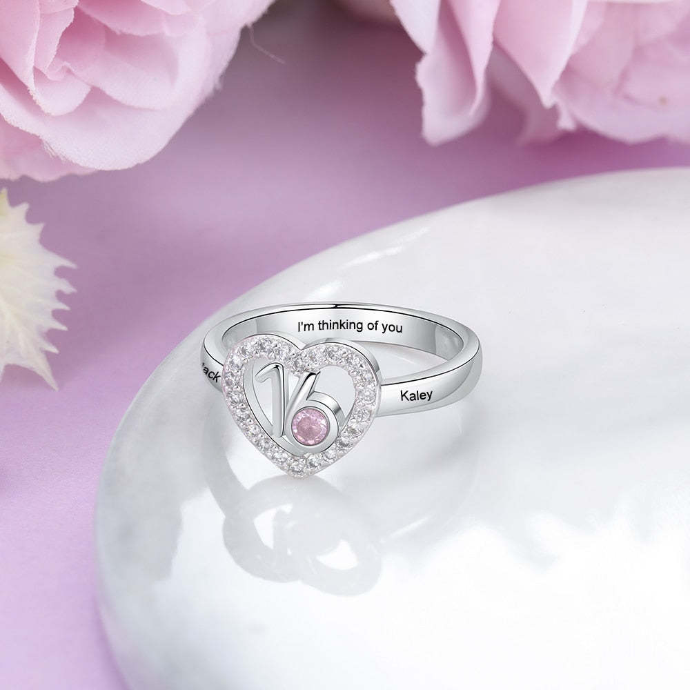 Personalized 2 Engraved Name Ring with Zirconia Birthstone Heart Ring-Personalized Jewels