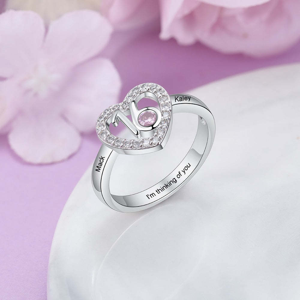 Personalized 2 Engraved Name Ring with Zirconia Birthstone Heart Ring-Personalized Jewels
