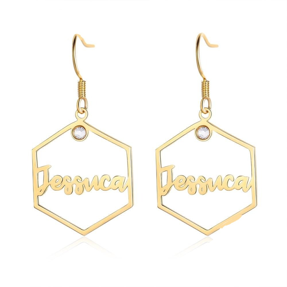 925 Sterling Silver Personalized Name Hexagon Earrings Dangle Drop Earrings-Personalized Jewels