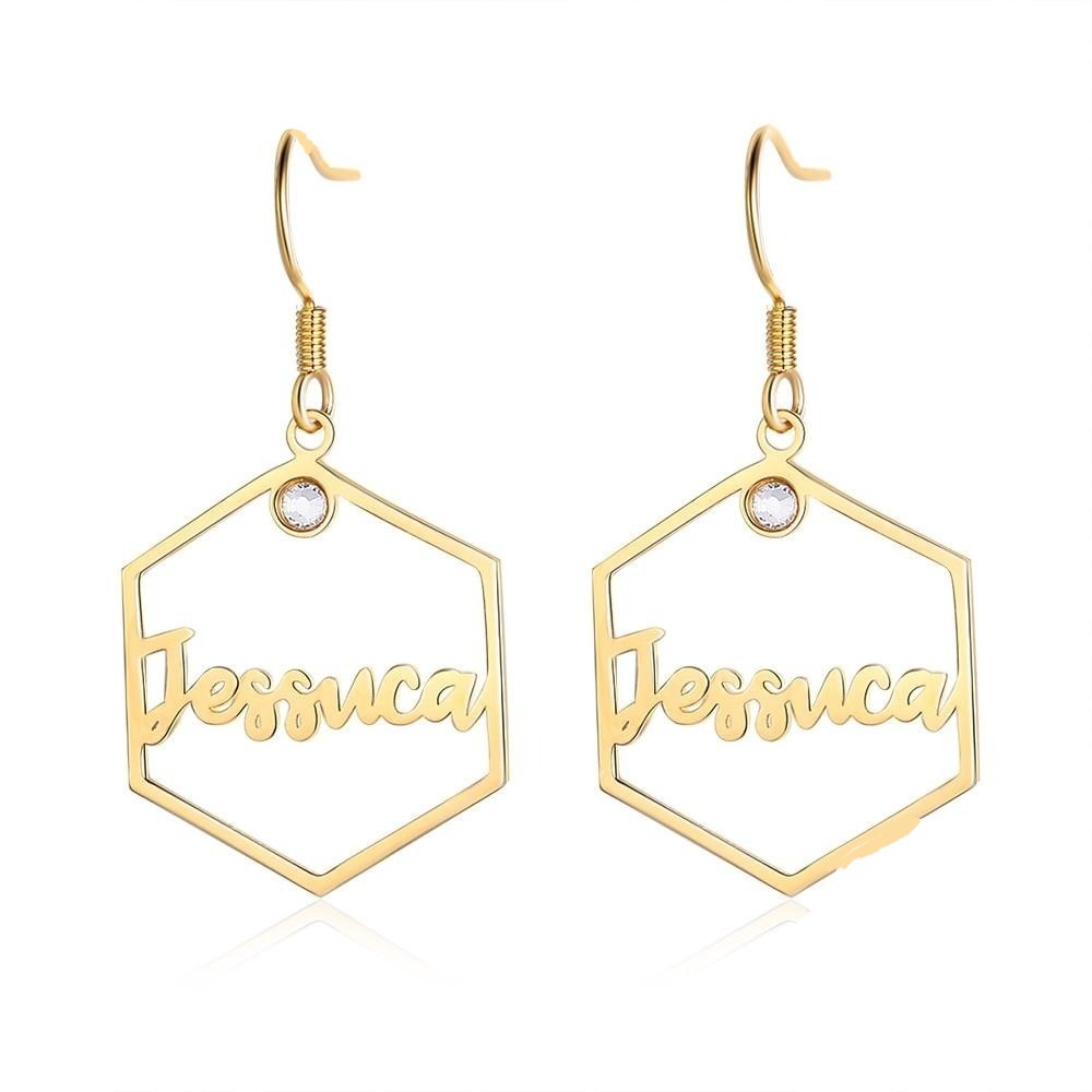 925 Sterling Silver Personalized Name Hexagon Earrings Dangle Drop Earrings-Personalized Jewels