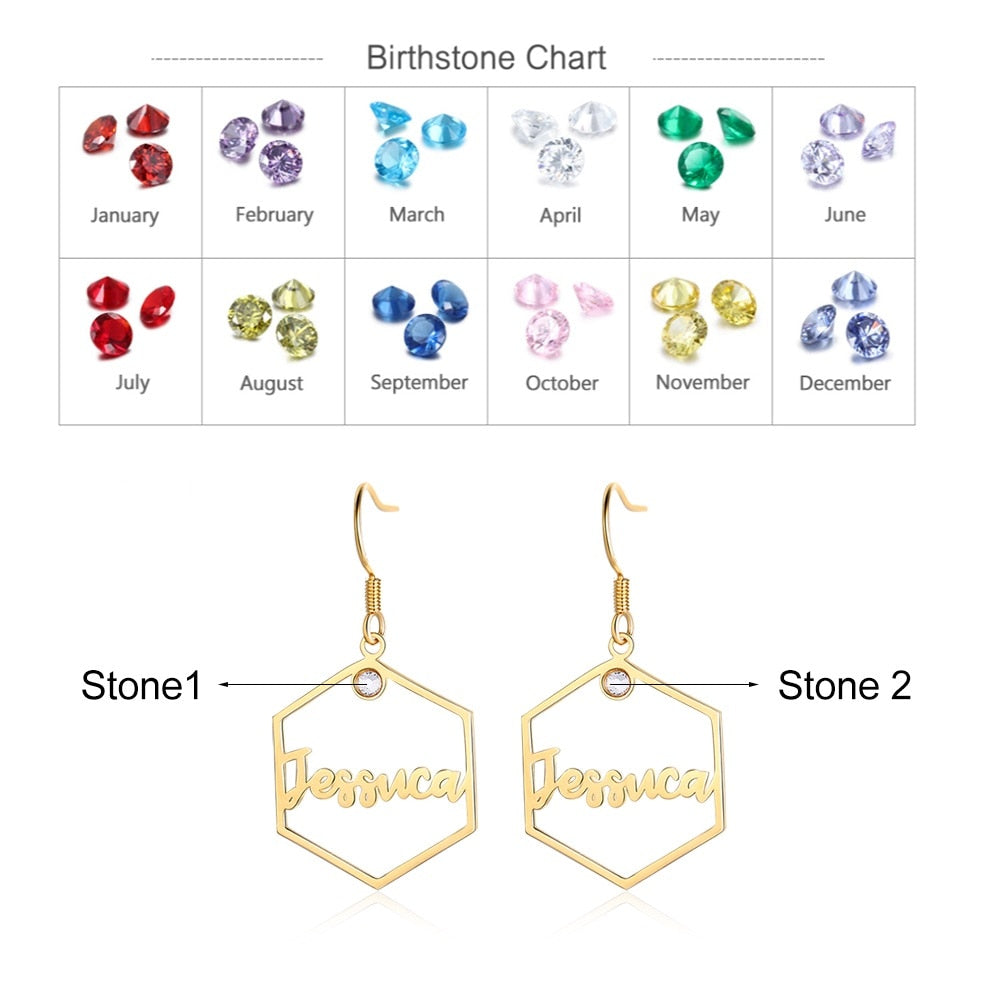 925 Sterling Silver Personalized Name Hexagon Earrings Dangle Drop Earrings-Personalized Jewels