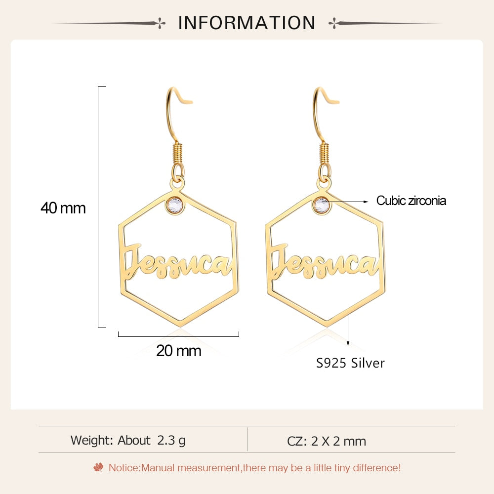 925 Sterling Silver Personalized Name Hexagon Earrings Dangle Drop Earrings-Personalized Jewels