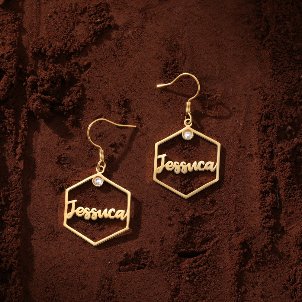 925 Sterling Silver Personalized Name Hexagon Earrings Dangle Drop Earrings-Personalized Jewels