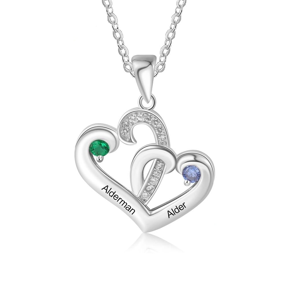925 Sterling Silver Personalized 2 Engraved Birthstone Heart Necklace Pendant-Personalized Jewels