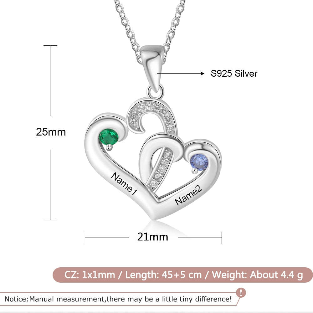 925 Sterling Silver Personalized 2 Engraved Birthstone Heart Necklace Pendant-Personalized Jewels