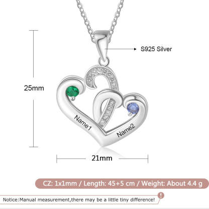 925 Sterling Silver Personalized 2 Engraved Birthstone Heart Necklace Pendant-Personalized Jewels
