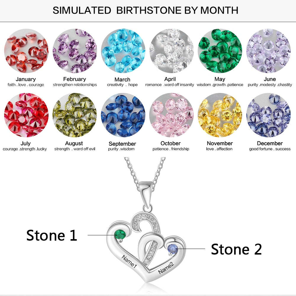 925 Sterling Silver Personalized 2 Engraved Birthstone Heart Necklace Pendant-Personalized Jewels