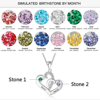 925 Sterling Silver Personalized 2 Engraved Birthstone Heart Necklace Pendant-Personalized Jewels