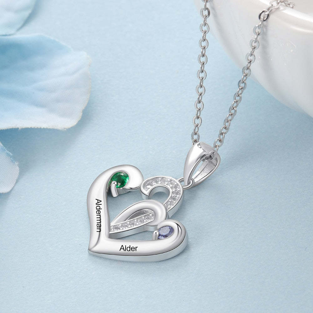 925 Sterling Silver Personalized 2 Engraved Birthstone Heart Necklace Pendant-Personalized Jewels