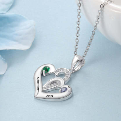 925 Sterling Silver Personalized 2 Engraved Birthstone Heart Necklace Pendant-Personalized Jewels