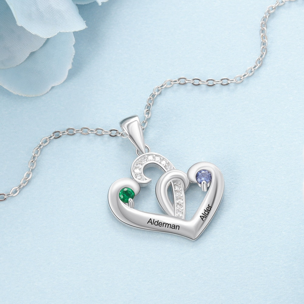 925 Sterling Silver Personalized 2 Engraved Birthstone Heart Necklace Pendant-Personalized Jewels