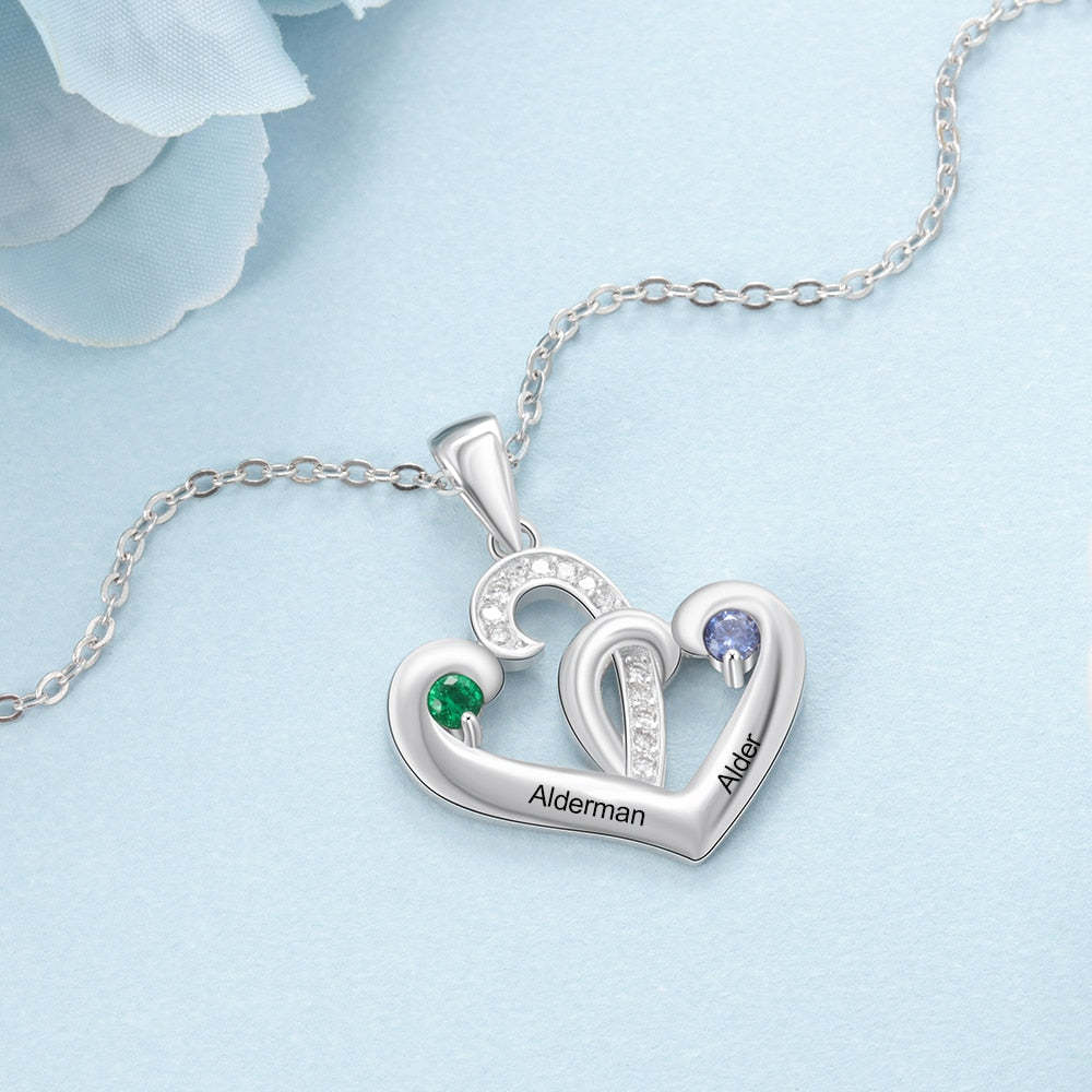 925 Sterling Silver Personalized 2 Engraved Birthstone Heart Necklace Pendant-Personalized Jewels