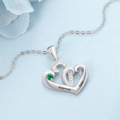 925 Sterling Silver Personalized 2 Engraved Birthstone Heart Necklace Pendant-Personalized Jewels