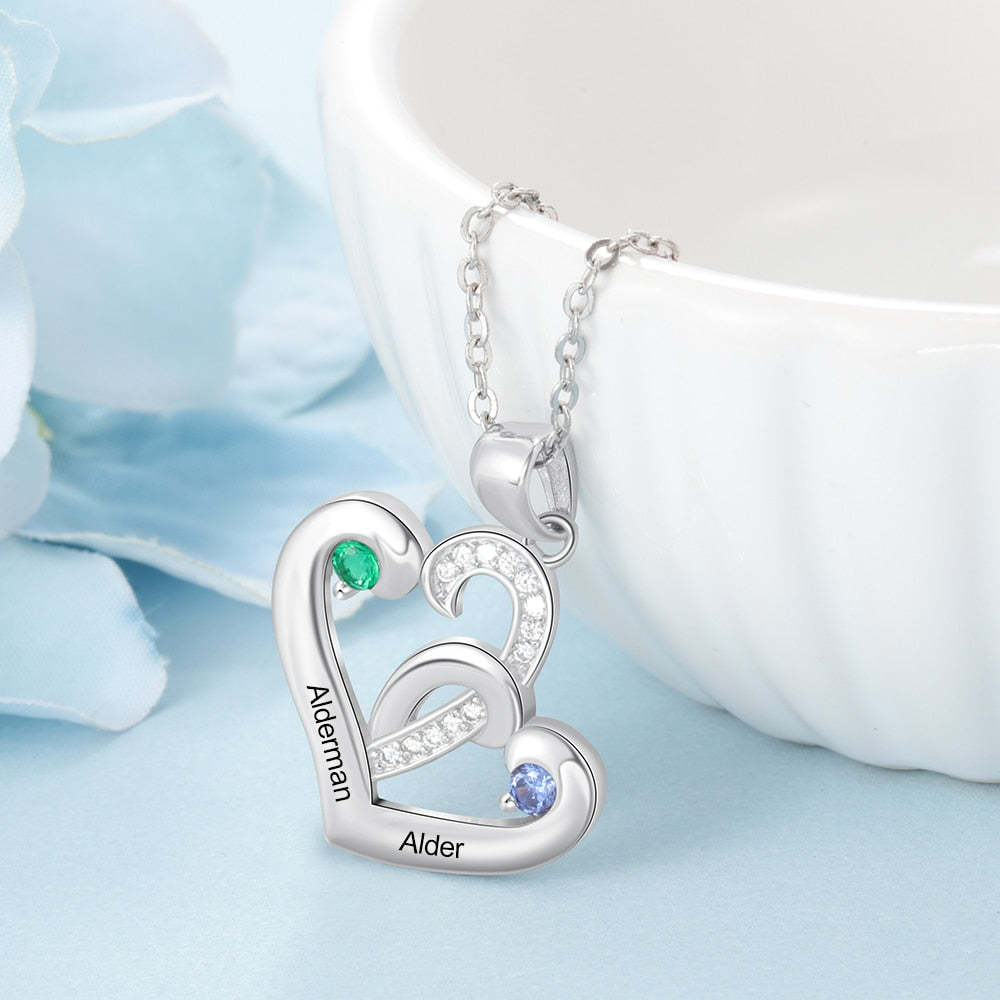 925 Sterling Silver Personalized 2 Engraved Birthstone Heart Necklace Pendant-Personalized Jewels