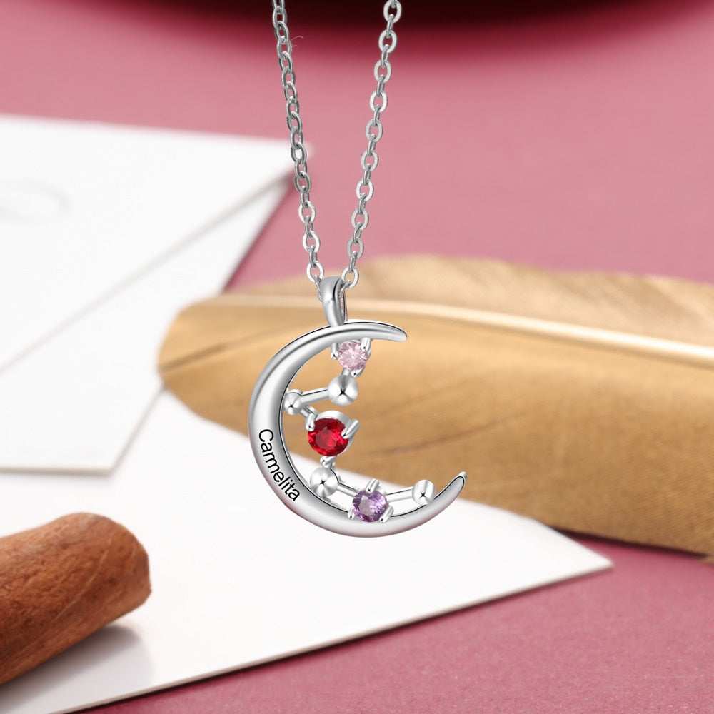 Personalized 3 Birthstones Constellation Moon Pendant Necklace for Women Jewelry Christmas Gift-Personalized Jewels