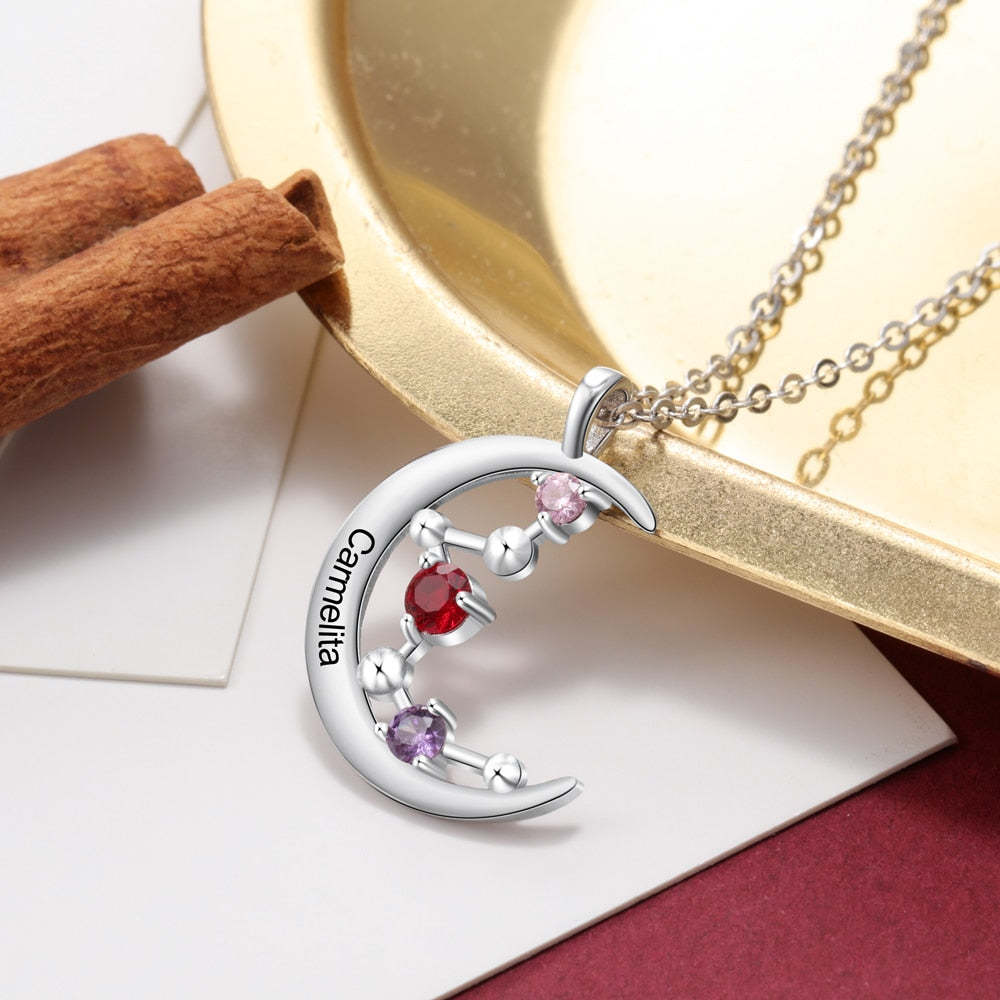 Personalized 3 Birthstones Constellation Moon Pendant Necklace for Women Jewelry Christmas Gift-Personalized Jewels