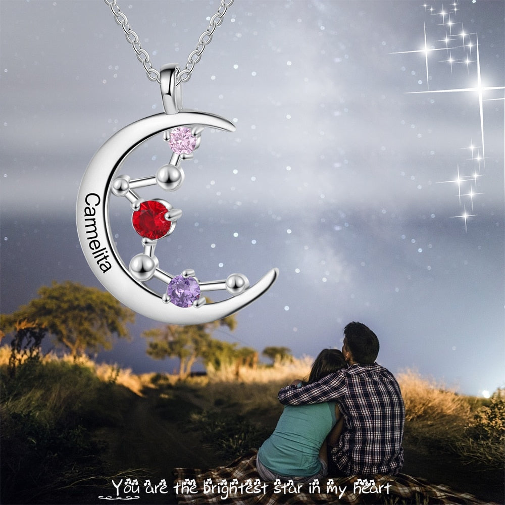 Personalized 3 Birthstones Constellation Moon Pendant Necklace for Women Jewelry Christmas Gift-Personalized Jewels