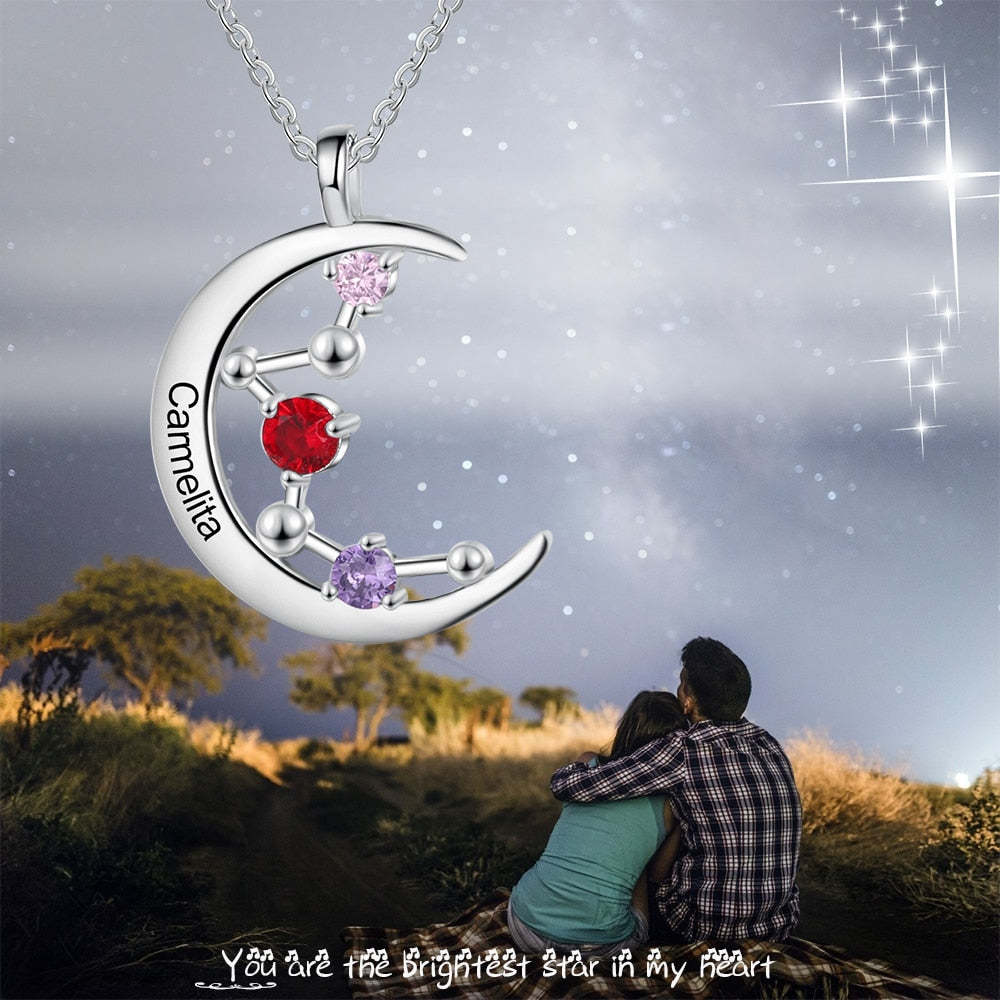 Personalized 3 Birthstones Constellation Moon Pendant Necklace for Women Jewelry Christmas Gift-Personalized Jewels
