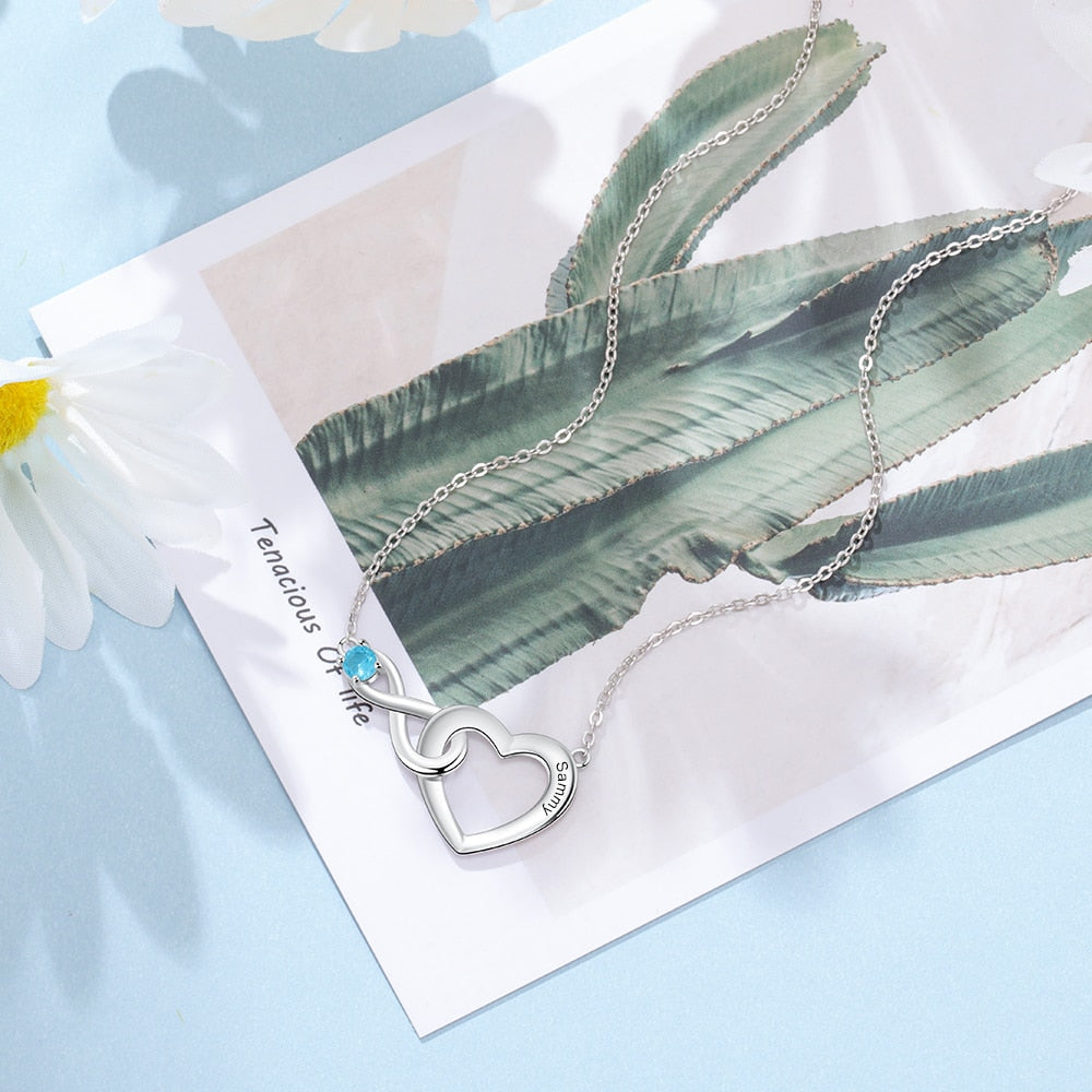 Personalized Engraving Name Birthstone Infinity & Heart Pendant Necklace for Mother Gifts-Personalized Jewels