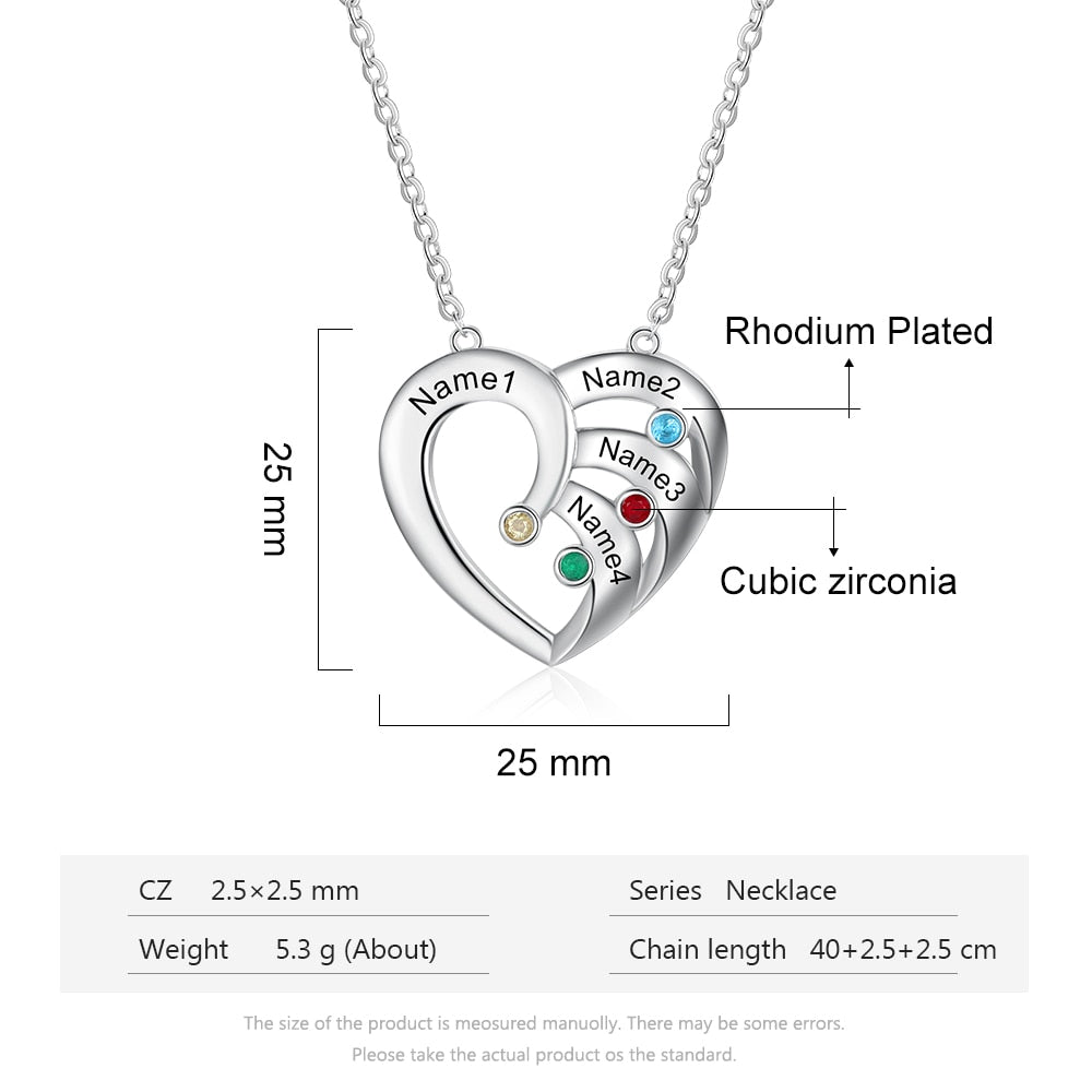 Personalized Heart 4 Birthstones Family Names Engraved Pendant Necklace-Personalized Jewels