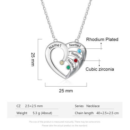 Personalized Heart 4 Birthstones Family Names Engraved Pendant Necklace-Personalized Jewels