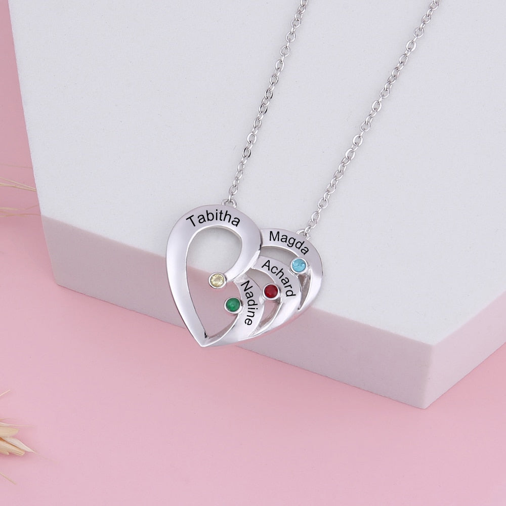 Personalized Heart 4 Birthstones Family Names Engraved Pendant Necklace-Personalized Jewels