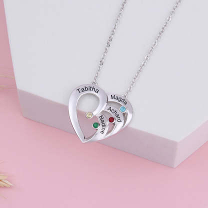 Personalized Heart 4 Birthstones Family Names Engraved Pendant Necklace-Personalized Jewels