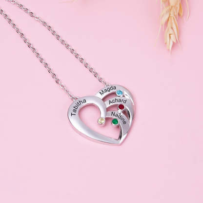Personalized Heart 4 Birthstones Family Names Engraved Pendant Necklace-Personalized Jewels