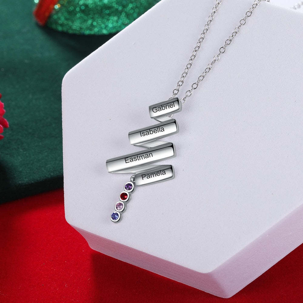 Personalized Diagonal Bar 4 Engraving Names Birthstone Pendant Necklace Gift for Women-Personalized Jewels