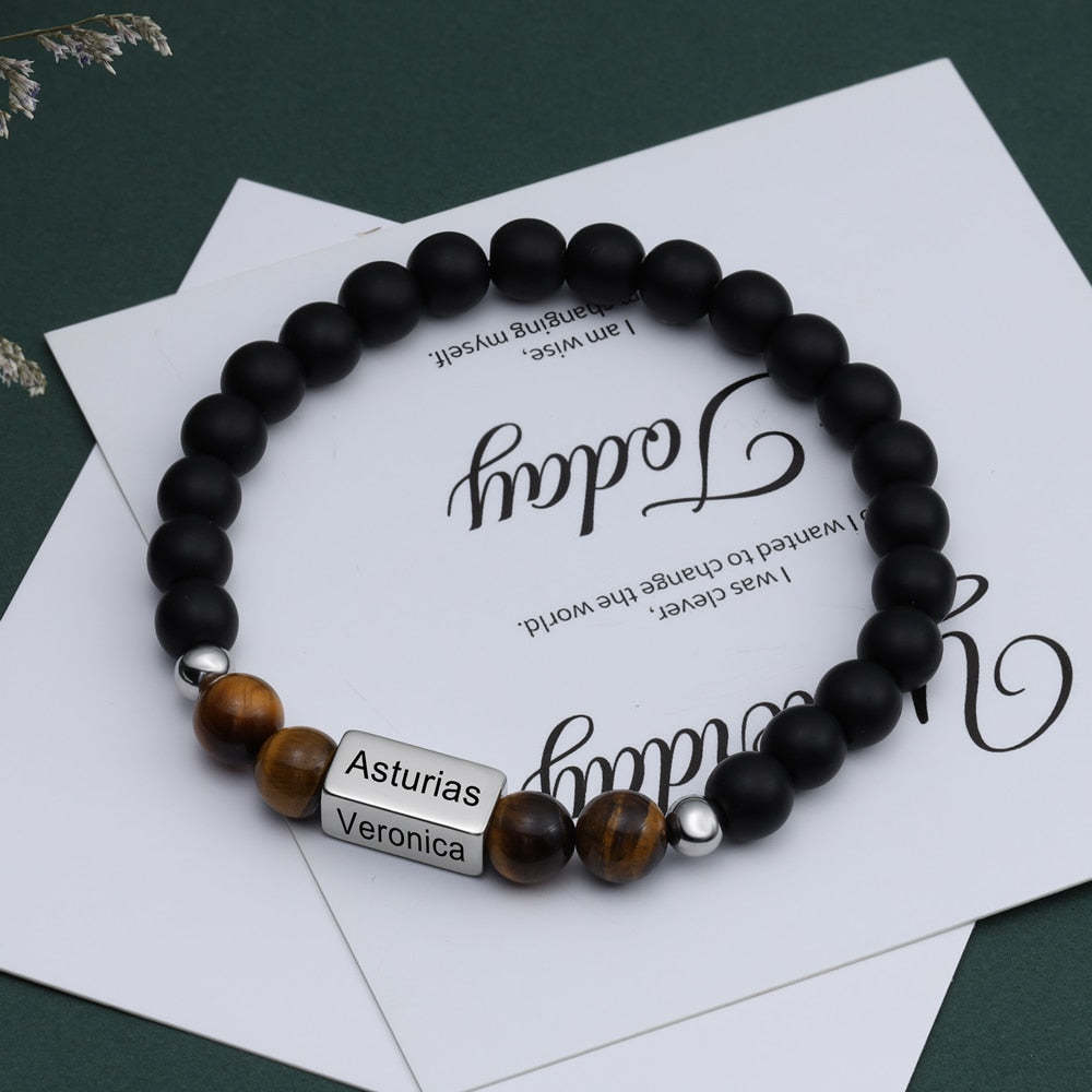 Personalized Beaded 4 Names Engraved Chain Bracelet for Men-Personalized Jewels