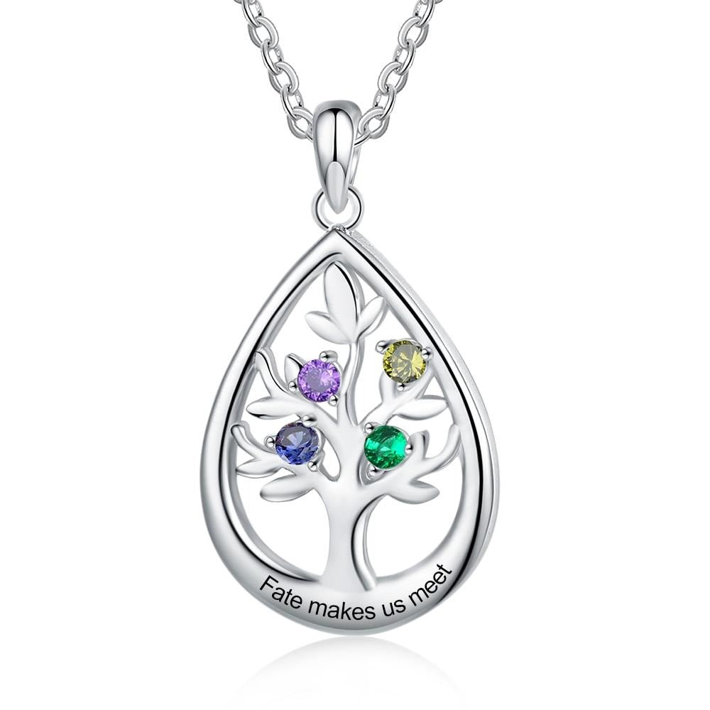 Personalized Tree of Life Water Drop 4 Birthstones Customized Engraving Pendant Necklace-Personalized Jewels
