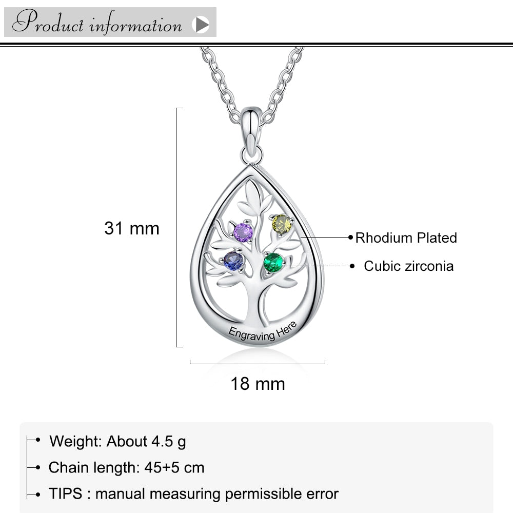 Personalized Tree of Life Water Drop 4 Birthstones Customized Engraving Pendant Necklace-Personalized Jewels