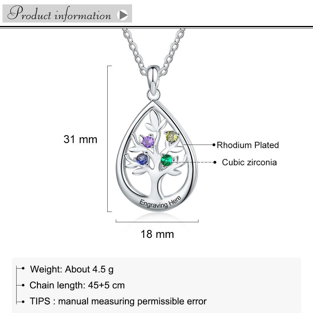 Personalized Tree of Life Water Drop 4 Birthstones Customized Engraving Pendant Necklace-Personalized Jewels