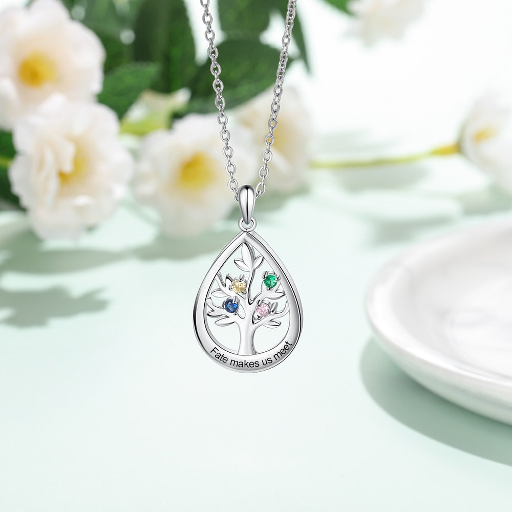 Personalized Tree of Life Water Drop 4 Birthstones Customized Engraving Pendant Necklace-Personalized Jewels