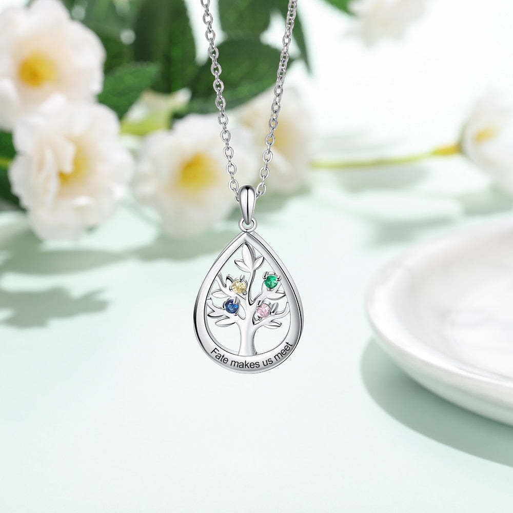 Personalized Tree of Life Water Drop 4 Birthstones Customized Engraving Pendant Necklace-Personalized Jewels