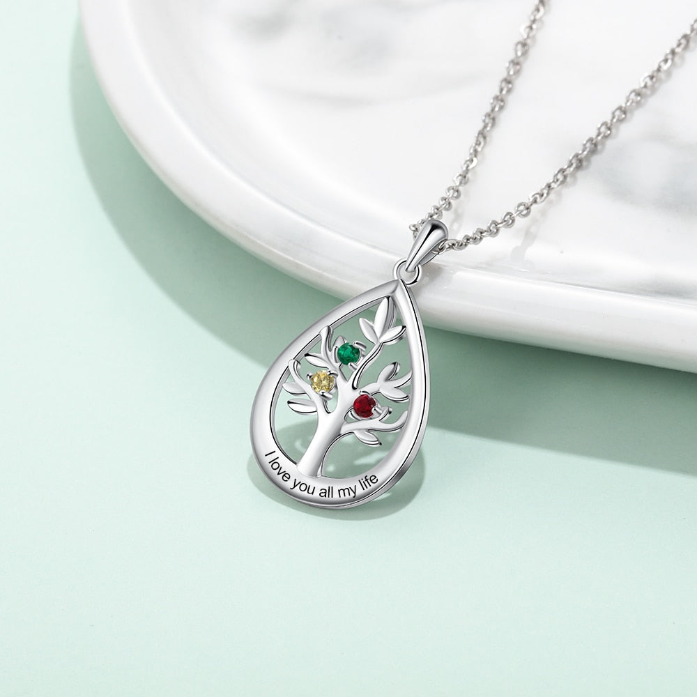 Personalized Tree of Life Water Drop 4 Birthstones Customized Engraving Pendant Necklace-Personalized Jewels