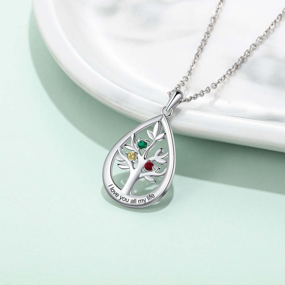 Personalized Tree of Life Water Drop 4 Birthstones Customized Engraving Pendant Necklace-Personalized Jewels
