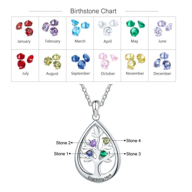 Personalized Tree of Life Water Drop 4 Birthstones Customized Engraving Pendant Necklace-Personalized Jewels