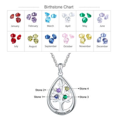 Personalized Tree of Life Water Drop 4 Birthstones Customized Engraving Pendant Necklace-Personalized Jewels