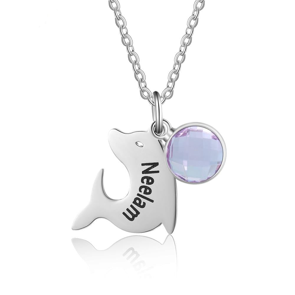 Customized Birthstone Dolphin Engraving Name Children Pendant Necklace-Personalized Jewels