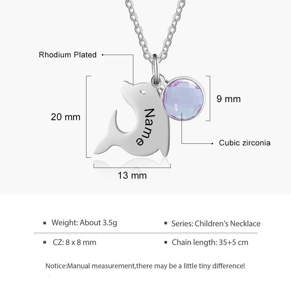 Customized Birthstone Dolphin Engraving Name Children Pendant Necklace-Personalized Jewels