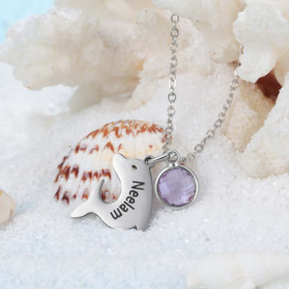 Customized Birthstone Dolphin Engraving Name Children Pendant Necklace-Personalized Jewels