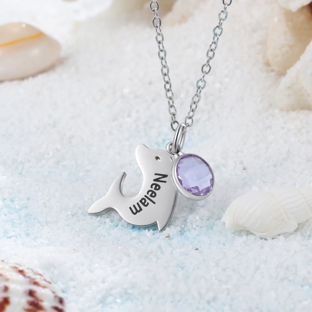 Customized Birthstone Dolphin Engraving Name Children Pendant Necklace-Personalized Jewels