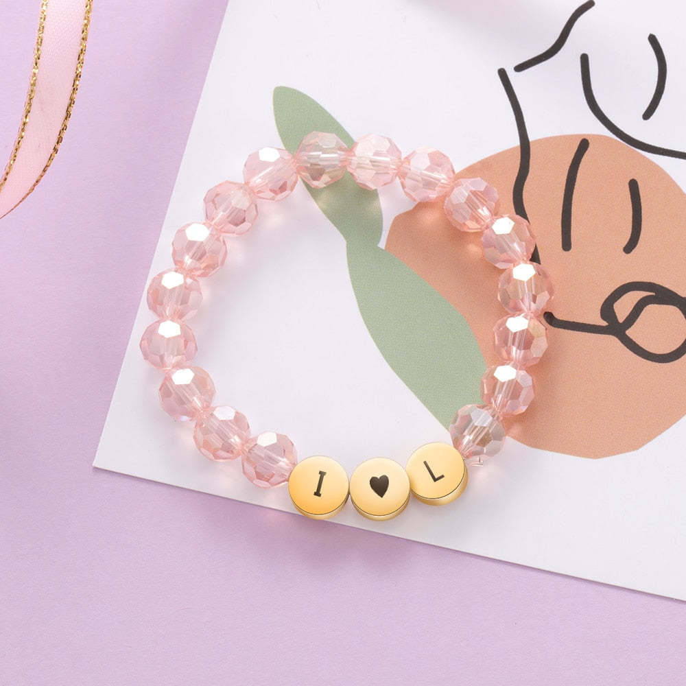 Personalized Pink Beaded Letter & Name Children Engraved Initial Bracelet for Girls-Personalized Jewels