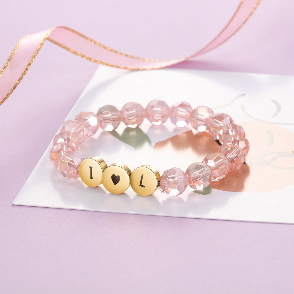 Personalized Pink Beaded Letter & Name Children Engraved Initial Bracelet for Girls-Personalized Jewels