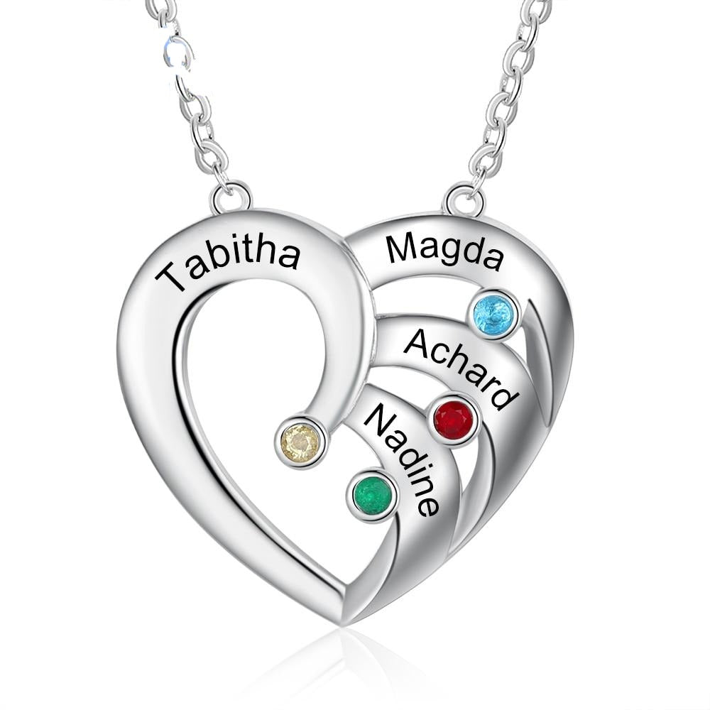 Personalized Heart 4 Birthstones Family Names Engraved Pendant Necklace-Personalized Jewels