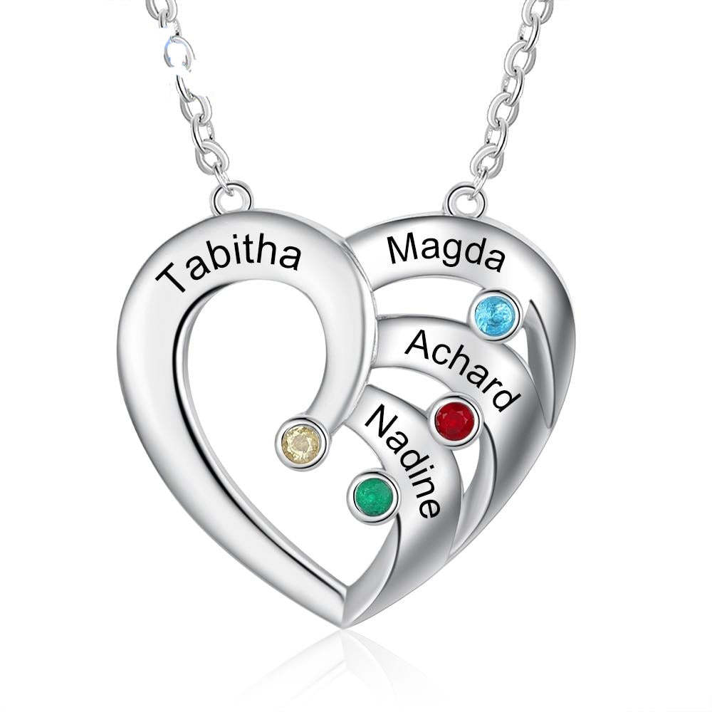 Personalized Heart 4 Birthstones Family Names Engraved Pendant Necklace-Personalized Jewels